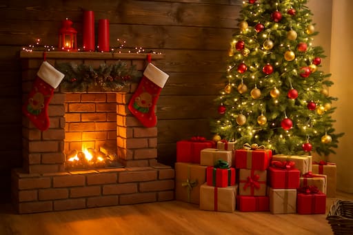 Weihnachtlich geschmückte Stube mit brennendem Kamin, Christbaum und Geschenken an Heiligabend.